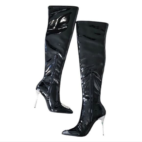 Inc  Black Over the Knee  Patient Leather W Sparkling Toe Piece Black Sz 6M NWT - Picture 5 of 8